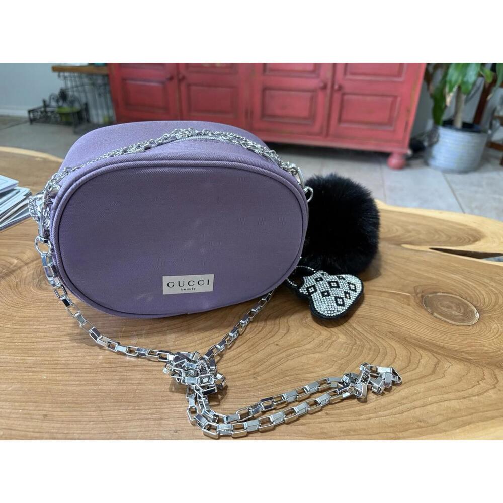 GUCCI Beauty Bag Travel Pouch With Zip Purple Silver Chain New